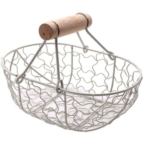 Cesta de metal retro con asa de madera, portátil, multifuncional, para verduras, frutas, huevos, comestibles, práctico organizador de almacenamiento, color blanco