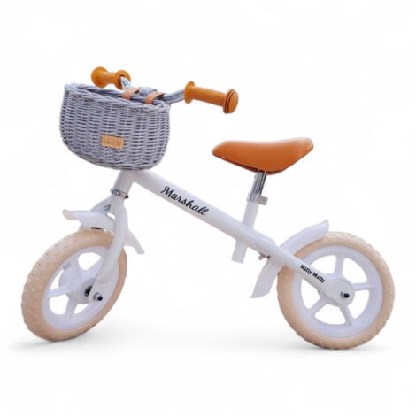 Cesta de mimbre para bicicleta de equilibrio, color gris, con correas Dumpy MINI.