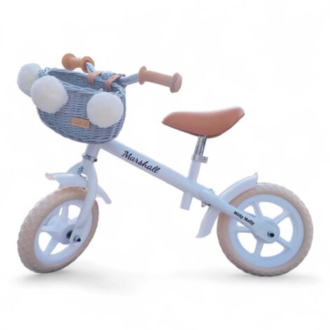 Cesta de mimbre para bicicleta de equilibrio, color gris, con correas Dumpy MINI y pompones.