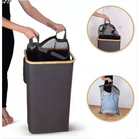 Cesta de ropa plegable grande con tapa y asas de bambú, bolsa interior negra, 1 pieza