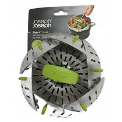 Cesta de vapor plegable Joseph Joseph Bloom™ de acero inoxidable, verde, con lados autoadaptables y pies de silicona, apta para utensilios antiadherentes y de acero inoxidable, fácil almacenamiento.