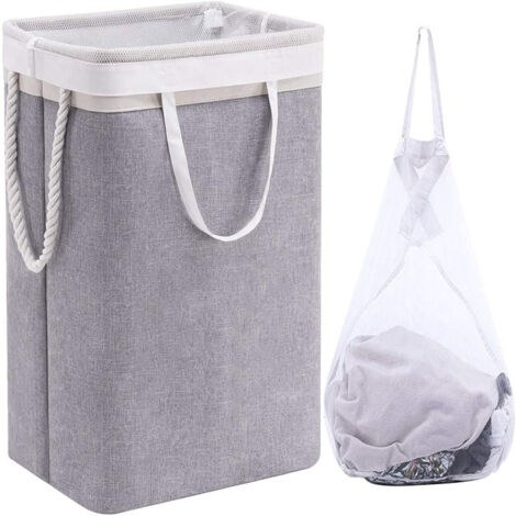 Cesta grande para la colada (60 x 41 x 31 cm), plegable, con asas de cuerda, ideal para dormitorio, cuarto de lavado y baño, color beige y gris.