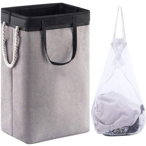 Cesta grande para la colada (60 x 41 x 31 cm), plegable, con asas de cuerda, ideal para dormitorio, cuarto de lavado y baño, color negro y gris.