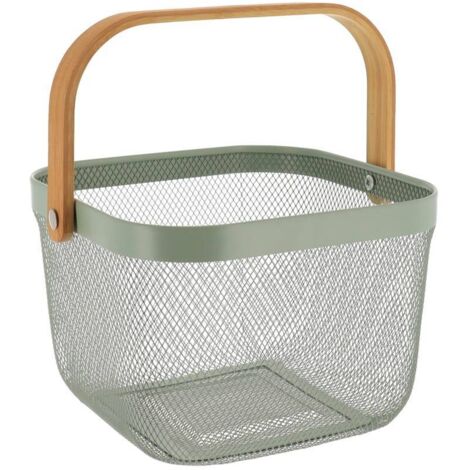 Cesta metálica cuadrada con asa de bambú - caqui - Tendance