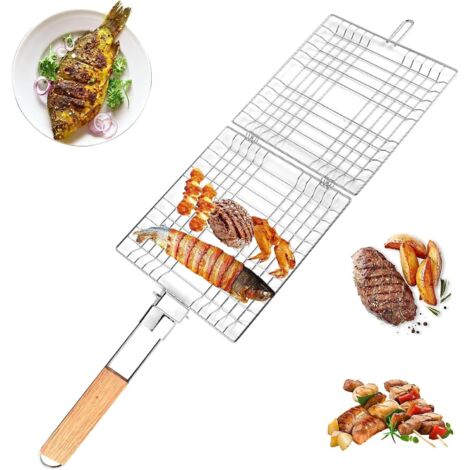 Cesta para barbacoa, cesta para asar carne, parrilla para barbacoa, accesorios para barbacoa, con mango de madera, plegable, adecuada para asar pescado, gambas, verduras y filetes.