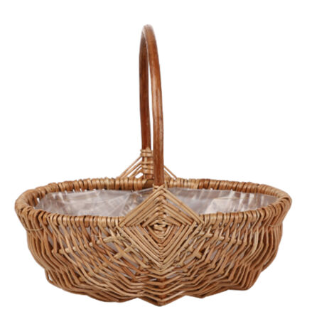 Cesta para flores con asa de madera natural color beige, ideal para arreglos florales, fiestas y decoración del hogar. Dimensiones: 25 x 16 x 25 cm.