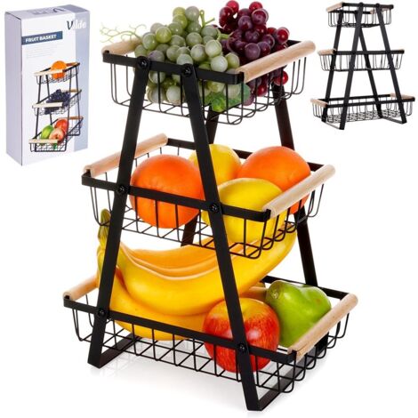 Cesta para frutas y verduras, negra, de metal, 3 niveles, VILDE 229097