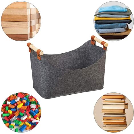 Cesta para leña, cesta para guardar leña, bolsa para leña de chimenea con asa de madera reforzada, cesta de fieltro, 40x27x22 cm