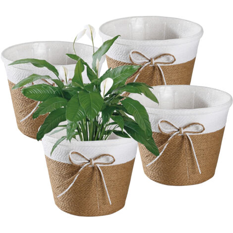Cesta para plantas hecha a mano [4 piezas] de cuerda de papel trenzada para plantas y flores – 19,5 x 15 cm – Modelo redondo grande en blanco/marrón