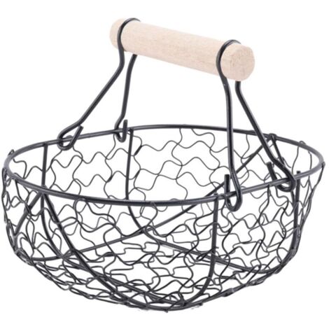 Cesta portátil multifuncional de metal con mango de madera estilo retro para verduras, huevos y otros alimentos. Organizador práctico de color negro.