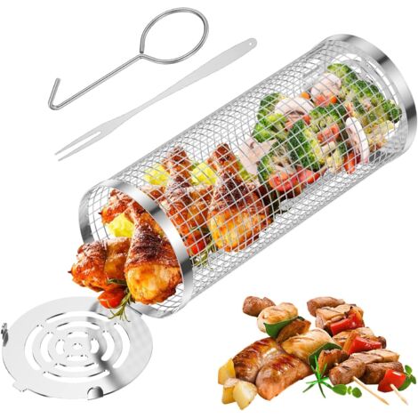 Cesta rodante para parrilla, parrilla de acero inoxidable, cestas para cocinar con gancho (1 unidad)