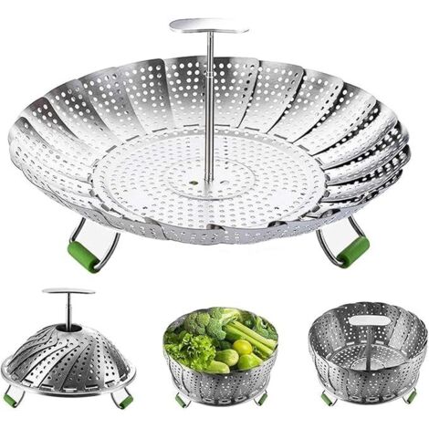 Cesta vaporera para verduras. Cesta vaporera plegable de acero inoxidable con asa central retráctil y extraíble. Ampliable para adaptarse a ollas de diversos tamaños (de 14 cm a 23 cm).