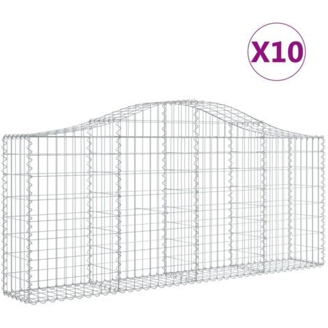Cestas de gaviones muro de contención arqueado valla de jaula 10 piezas 200 x 30 x 80/100 cm hierro galvanizado Plata 020040232