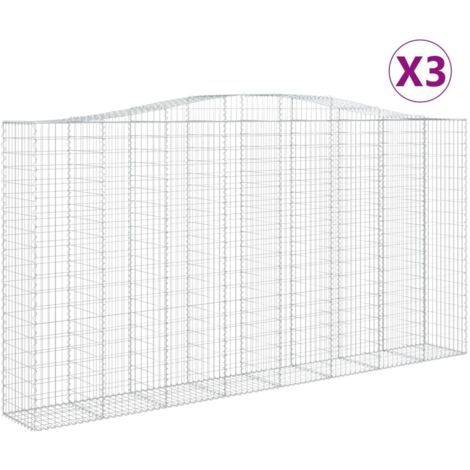 Cestas de gaviones Muro de contención arqueado Valla de jaula 3 piezas 400 x 50 x 200/220 cm Hierro galvanizado Plata 020040806
