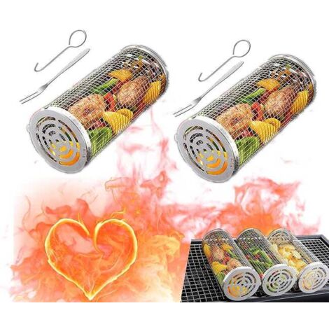 Cestello per grigliare con rotelle da 2 pezzi per barbecue all'aperto, rete per griglia cilindrica in acciaio inossidabile per verdure e carne, grande + medio