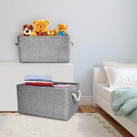 Cesti portaoggetti pieghevoli in tessuto di lino e cotone con manici intrecciati, ideali per ufficio, casa, giocattoli e come organizer, 2 pezzi (grigio, M: 36x26x16 cm)