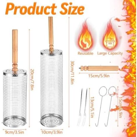 Cestini per barbecue con ruote, set di 2 cestini in acciaio inox con manici, adatti per grigliare verdure e carne.