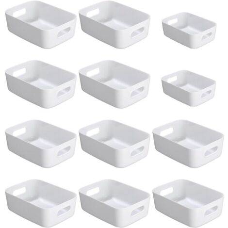 Cestini portaoggetti in plastica, set di 12 cestini portaoggetti impilabili con manici per cucina, guardaroba, ufficio (bianco)