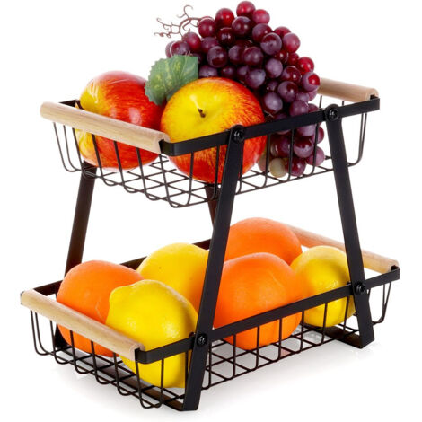 Cestino a due livelli per frutta e verdura, metallo nero, vassoio