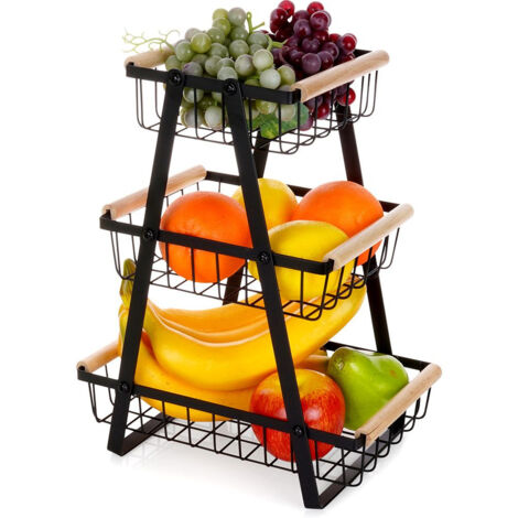 Cestino a tre ripiani per frutta e verdura, vassoio in metallo nero