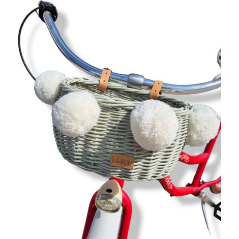 Cestino in vimini color oliva per bicicletta da bambino con cinghie Dumpy e pompon