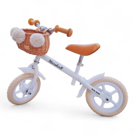 Cestino in vimini naturale per bici senza pedali con cinghie Dumpy MINI e pompon.