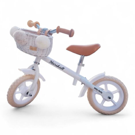 Cestino in vimini per bici senza pedali, bianco, con cinghie Dumpy MINI e pompon.