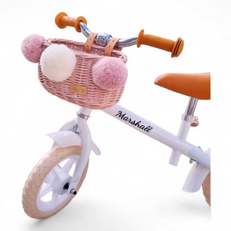 Cestino in vimini per bici senza pedali, rosa, con cinghie, Dumpy MINI con pompon.