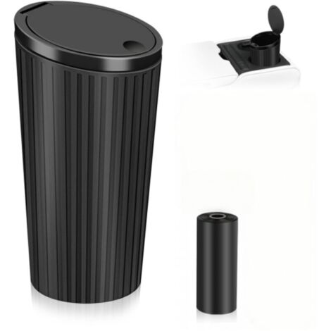Cestino per auto con coperchio, mini cestino nero, piccolo cestino portatile impermeabile con 1 rotolo di sacchetti per la spazzatura, accessorio per interni di auto, ufficio, casa, cucina