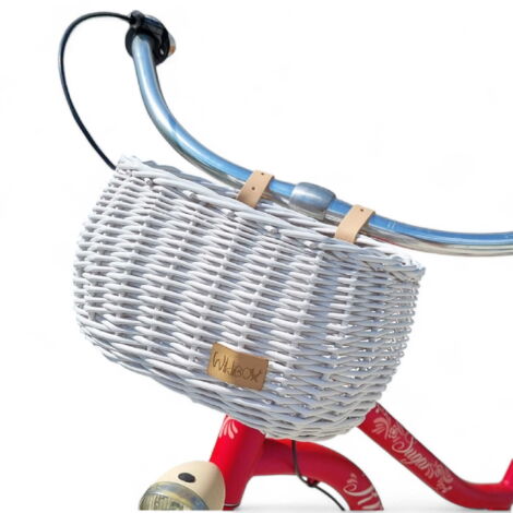 Cestino per bicicletta per bambini in vimini bianco tozzo con cinghie