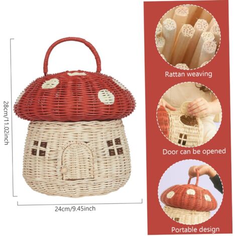 Cestino per funghi da 11 pollici a forma di casa, cestino per funghi con coperchio, rattan decorativo portatile con manico, accessori per fotografia, regali per bambini