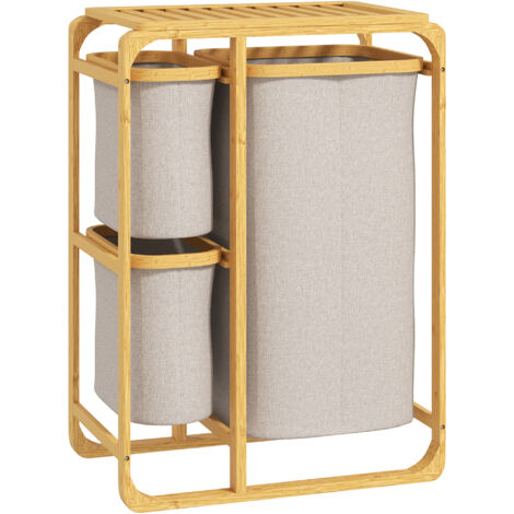 Cestino Portabiancheria in Bambù con 3 Sacchi e Ripiani in Tessuto, 50x32x69.7 cm, color Bambù e Crema