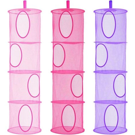 Cestino portaoggetti a 4 livelli per peluche, pieghevole, salvaspazio, composto da 3 pezzi, ideale per la cameretta dei bambini, il bagno o il balcone (rosa, rosso rosato, viola)