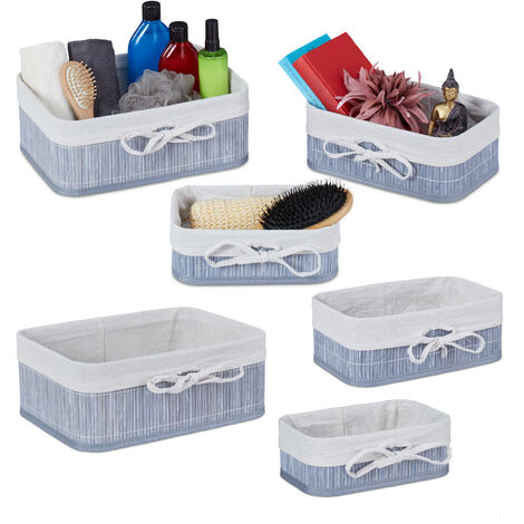 Cesto Almacenaje Set de 6, Bambú, Tela, Caja Oganizadora Rectangular Estantería, Armario, 3 Tamaños, Gris, Crema