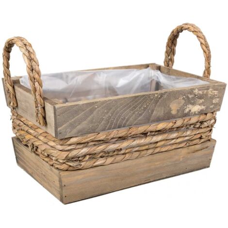 Cesto de madera y cuerda con asas marrón 29x19x14