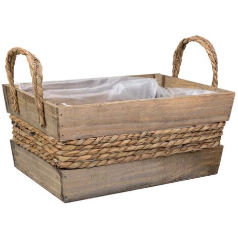 Cesto de madera y cuerda con asas marrón 33x23x15
