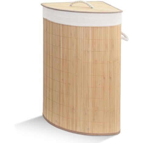 Cesto de ropa esquinero de bambú, cesto de ropa plegable con tapa y 2 bolsas extraíbles, adecuado para el baño, el dormitorio y el lavadero, acabado en madera natural.