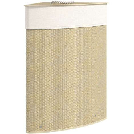 Cesto de ropa esquinero de bambú de 55 litros con tapa y asa, bolsa lavable extraíble, 35x35x60 cm, color crema.