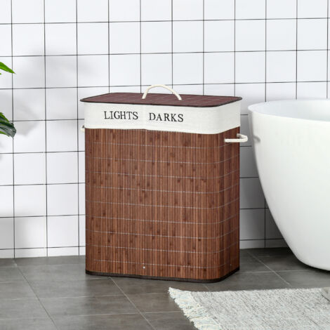 Cesto de ropa marróncon con 2 compartimentos 100L tapa plegable con asa bolsa extraíble y lavable de bambú para lavandería