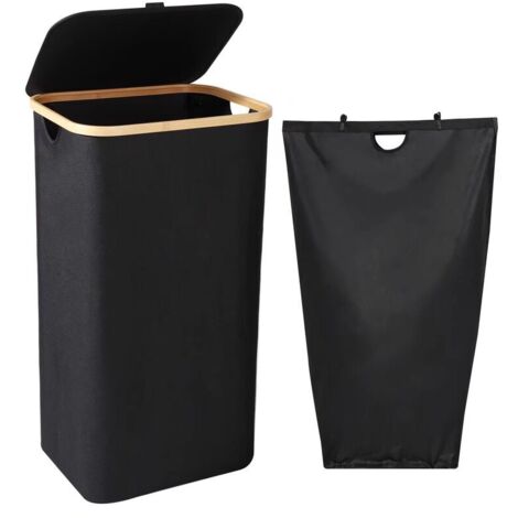Cesto de ropa (negro), cesto de ropa de 100 L con tapa y asas - Contenedor de ropa sucia con bolsa extraíble - Cesto de ropa plegable de gran capacidad, 40,5 x 33,5 x 75 cm