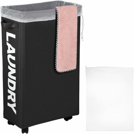 Cesto de ropa rectangular con ruedas de 62 l: cesta alta con bolsa extraíble, cesta fina y bolsa plegable (caqui)