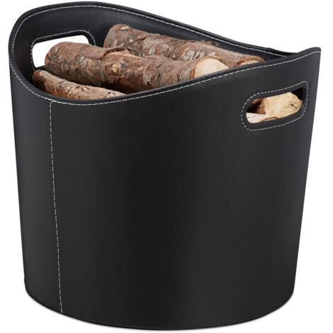 Cesto grande per legna da ardere, porta legna, porta riviste, porta giornali, similpelle, nero
