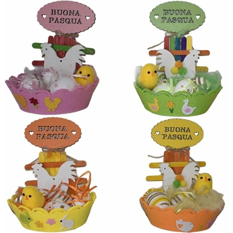 Image of Cesto in feltro con uova gallo e piume di buona pasqua cestino centro tavola add - colorigenerali: GIALLO