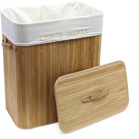 Cesto para la ropa sucia de bambú 105 litros con bolsa plegable de lino natural 160002445