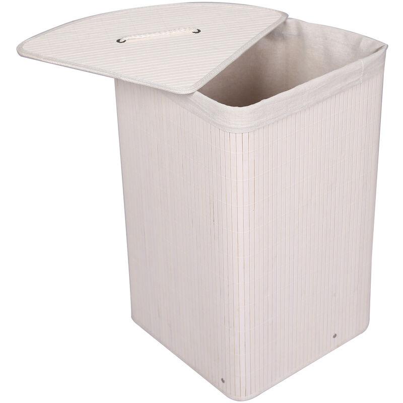

Cesto para ropa de bambú 57L con saco interior, color blanco, cuadrado, con tapa y asa, plegable
