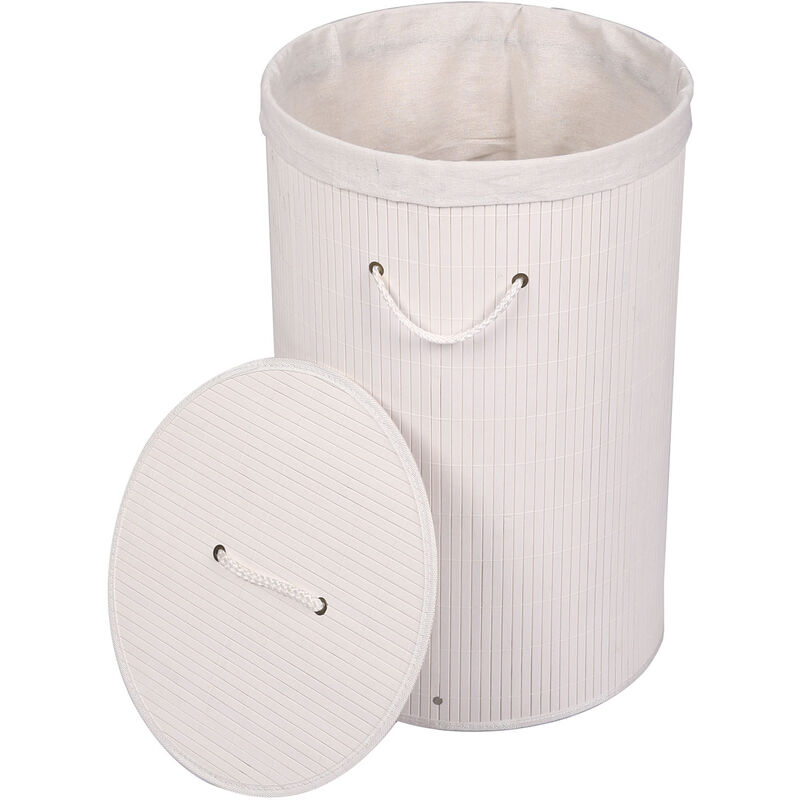 

Cesto para ropa de bambú 75L con saco interior, color blanco, redondo, con tapa y asa, plegable