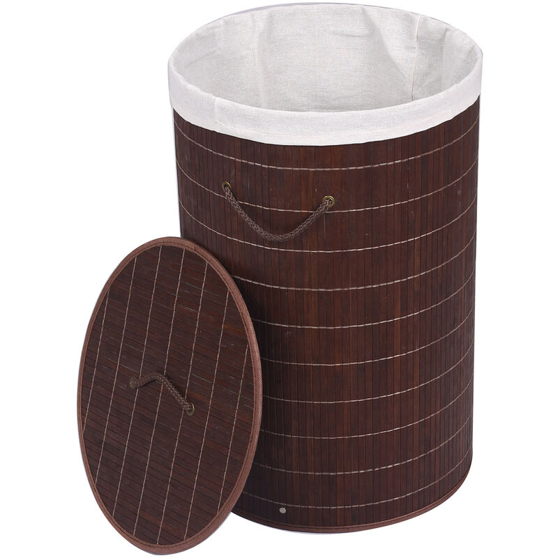 

Cesto para ropa de bambú 75L con saco interior, color marrón, redondo, con tapa y asa, plegable