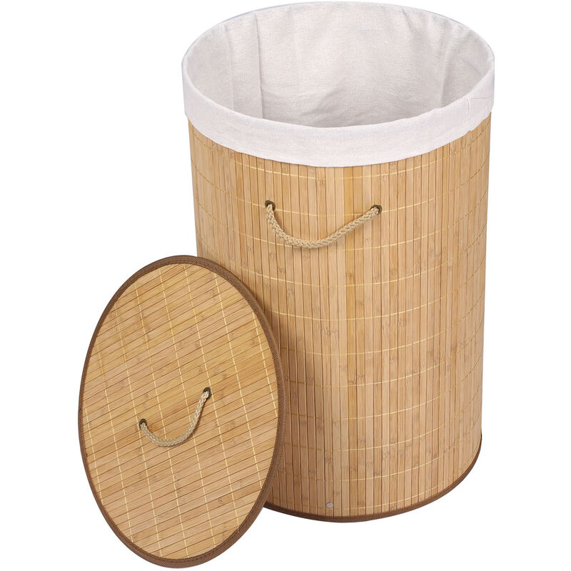 

Cesto para ropa de bambú 75L con saco interior, color natural, redondo, con tapa y asa, plegable