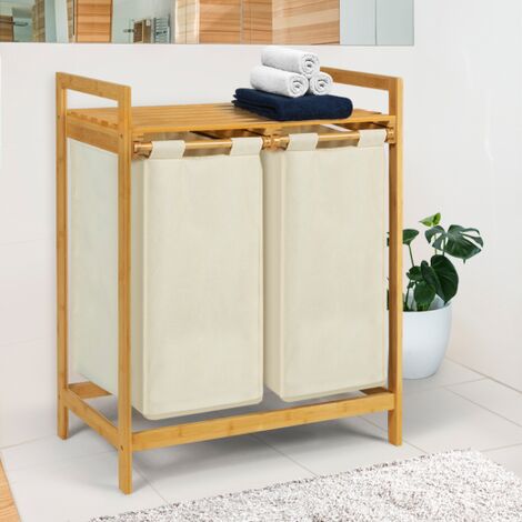 Cesto para ropa sucia de 2 compartimentos extraíbles con estante de metal  de 92 L y de color blanco VASAGLE
