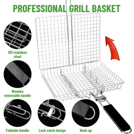 Cesto per barbecue portatile, cesto per barbecue da esterno, con manico removibile, realizzato in acciaio inox, adatto per pollo, pesce, verdure, ecc.